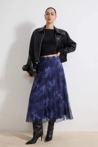 TRENDYOLMiLLA Navy Blue Patterned Lined Siphon pleated Midi Skirt