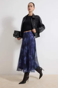 TRENDYOLMiLLA Navy Blue Patterned Lined Siphon pleated Midi Skirt - Image 2