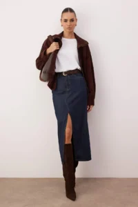 TRENDYOLMiLLA Dark Blue slit Maxi denim Skirt