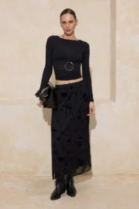 TRENDYOLMİLLA Black Flok Printed Pen Maxi/LONG Tulle Flexible Knitting Skirt
