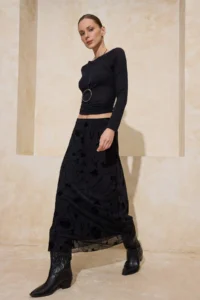 TRENDYOLMİLLA Black Flok Printed Pen Maxi/LONG Tulle Flexible Knitting Skirt - Image 2