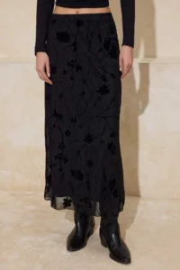 TRENDYOLMİLLA Black Flok Printed Pen Maxi/LONG Tulle Flexible Knitting Skirt - Image 3