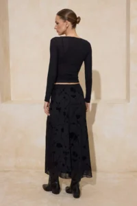 TRENDYOLMİLLA Black Flok Printed Pen Maxi/LONG Tulle Flexible Knitting Skirt - Image 4