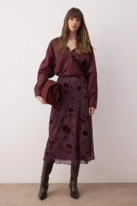 TRENDYOLMİLLA Plum Flok Printed Pen Maxi/LONG Tulle Flexible Knitting Skirt