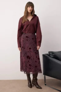 TRENDYOLMİLLA Plum Flok Printed Pen Maxi/LONG Tulle Flexible Knitting Skirt - Image 2