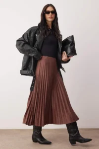 TRENDYOLMİLLA Brown Suede A-line pleated Maxi Flexible Knitting Skirt