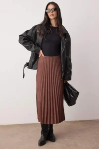 TRENDYOLMİLLA Brown Suede A-line pleated Maxi Flexible Knitting Skirt - Image 2