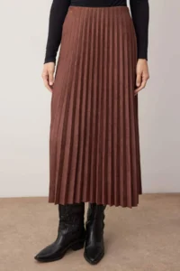 TRENDYOLMİLLA Brown Suede A-line pleated Maxi Flexible Knitting Skirt - Image 3