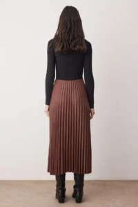TRENDYOLMİLLA Brown Suede A-line pleated Maxi Flexible Knitting Skirt - Image 4