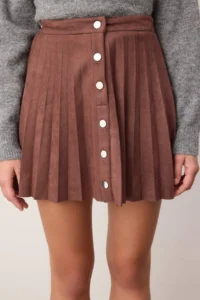 TRENDYOLMİLLA Brown Suede snaps A-line pleated Flexible Mini Skirt - Image 3