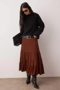 TRENDYOLMİLLA Brown A-line Ruffle Detailed Foam Flexible Knitting Skirt - Image 2