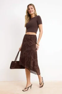 TRENDYOLMİLLA Brown  Asymmetric Flok Printed skater Flexible Tulle Knitting Skirt
