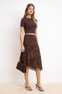 TRENDYOLMİLLA Brown  Asymmetric Flok Printed skater Flexible Tulle Knitting Skirt - Image 2