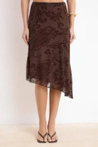 TRENDYOLMİLLA Brown  Asymmetric Flok Printed skater Flexible Tulle Knitting Skirt - Image 3