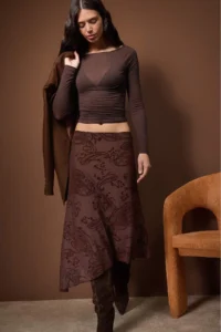 TRENDYOLMİLLA Brown  Asymmetric Flok Printed skater Flexible Tulle Knitting Skirt - Image 5