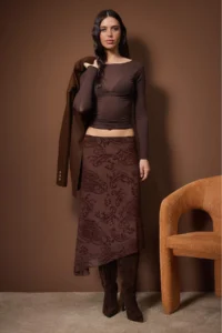 TRENDYOLMİLLA Brown  Asymmetric Flok Printed skater Flexible Tulle Knitting Skirt - Image 6