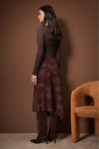TRENDYOLMİLLA Brown  Asymmetric Flok Printed skater Flexible Tulle Knitting Skirt - Image 8