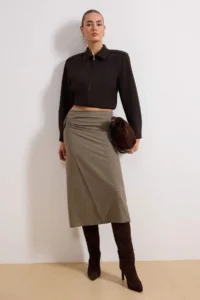 TRENDYOLMiLLA Brown Mini Checkered wrap Detailed Midi Weaving Skirt
