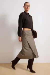 TRENDYOLMiLLA Brown Mini Checkered wrap Detailed Midi Weaving Skirt - Image 2