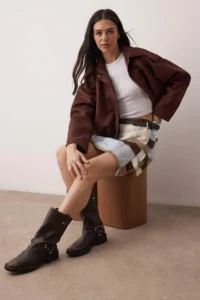 TRENDYOLMiLLA Brown Plaid pattern Belt Detailed Weaving Winter Mini Skirt - Image 4