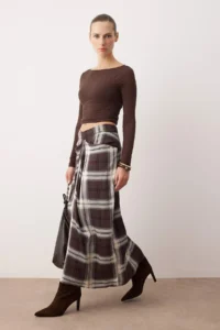 TRENDYOLMiLLA Brown Checkered Waist Detailed LONG Maxi Skirt