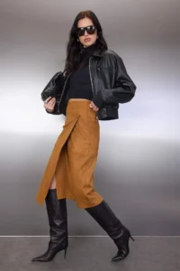 TRENDYOLMİLLA Camel Suede Double breasted buttoned Knitting Midi Suede Skirt - Image 2