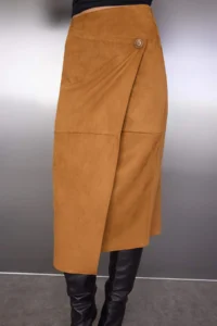 TRENDYOLMİLLA Camel Suede Double breasted buttoned Knitting Midi Suede Skirt - Image 3