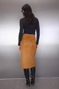 TRENDYOLMİLLA Camel Suede Double breasted buttoned Knitting Midi Suede Skirt - Image 4