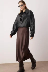 TRENDYOLMiLLA Brown Satin A-line/Life Kesim Midi Skirt - Image 2