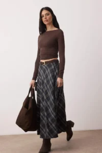 TRENDYOLMİLLA Navy Blue Black Checkered Weaving LONG Maxi flared Skirt - Image 2