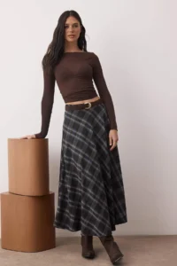 TRENDYOLMİLLA Navy Blue Black Checkered Weaving LONG Maxi flared Skirt - Image 3