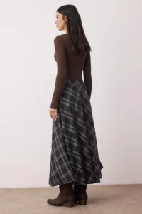 TRENDYOLMİLLA Navy Blue Black Checkered Weaving LONG Maxi flared Skirt - Image 5