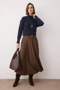 TRENDYOLMİLLA Brown Checkered Life/A-line with flywheel Weaving LONG Maxi Skirt