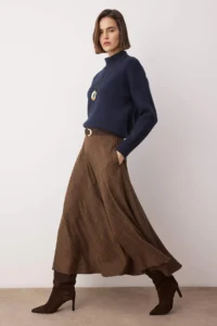 TRENDYOLMİLLA Brown Checkered Life/A-line with flywheel Weaving LONG Maxi Skirt - Image 3