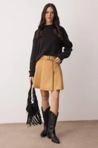 TRENDYOLMİLLA Camel Suede Belt Detailed Pleated Knitting Mini Skirt