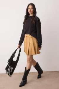 TRENDYOLMİLLA Camel Suede Belt Detailed Pleated Knitting Mini Skirt - Image 2