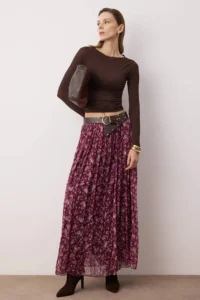 TRENDYOLMiLLA Pink Arched Floral Siphon Wrinkled Weaving LONG Skirt