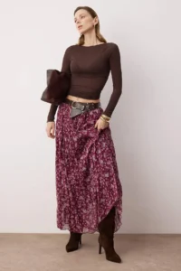TRENDYOLMiLLA Pink Arched Floral Siphon Wrinkled Weaving LONG Skirt - Image 2
