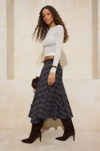 TRENDYOLMiLLA Brown Checkered/Checkered Flannel Weaving flared Midi Skirt - Image 2