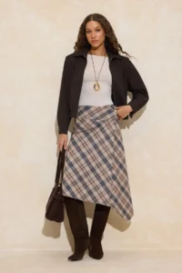 TRENDYOLMiLLA Beige-Multicolored Plaid Asymmetric Cut Button Detailed Skirt