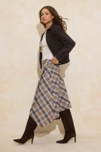 TRENDYOLMiLLA Beige-Multicolored Plaid Asymmetric Cut Button Detailed Skirt - Image 2