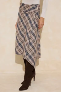 TRENDYOLMiLLA Beige-Multicolored Plaid Asymmetric Cut Button Detailed Skirt - Image 3