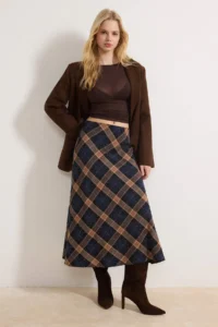 TRENDYOLMİLLA Navy Blue-Multicolored Checkered Stone Weaving LONG Maxi Skirt - Image 2