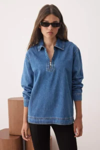 TRENDYOLMİLLA Mavi Zipper Detailed Denim Shirt