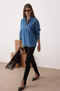 TRENDYOLMİLLA Mavi Zipper Detailed Denim Shirt - Image 2