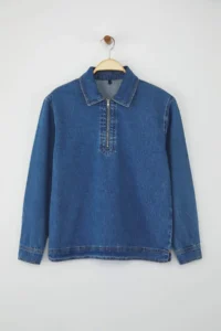 TRENDYOLMİLLA Mavi Zipper Detailed Denim Shirt - Image 5
