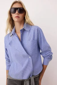 TRENDYOLMİLLA Mavi-Multicolored Jacket Yaka Oversized Striped Weaving Shirt