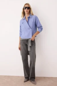 TRENDYOLMİLLA Mavi-Multicolored Jacket Yaka Oversized Striped Weaving Shirt - Image 2