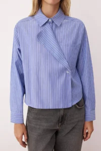 TRENDYOLMİLLA Mavi-Multicolored Jacket Yaka Oversized Striped Weaving Shirt - Image 3