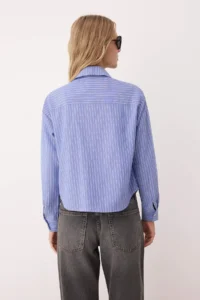 TRENDYOLMİLLA Mavi-Multicolored Jacket Yaka Oversized Striped Weaving Shirt - Image 4